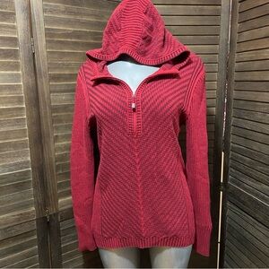 Eddie Bauer Knit Henley Pop Up Hoodie Sweater Ribbed Outdoor Layer Stripes Large